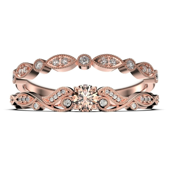 Vintage Look Boho & hippie 1.25 Carat Round Cut Morganite And Diamond Moissanite Engagement Ring, Wedding Ring in 925 Sterling Silver With 18k Rose Gold Plating, Promise, Bridal Set, Matching Band