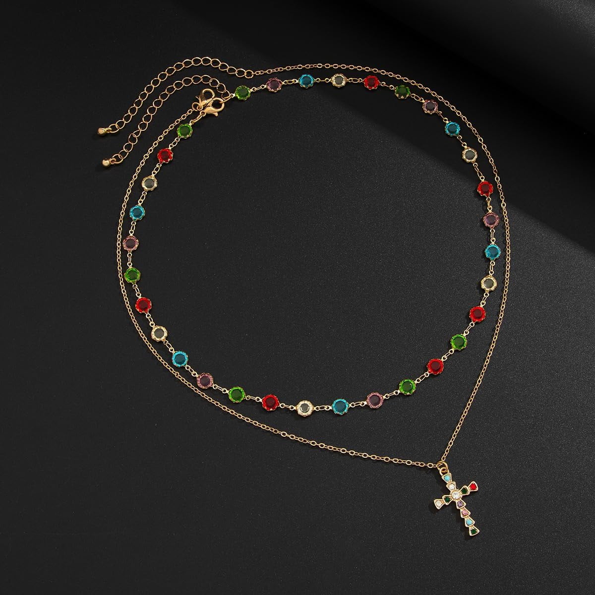 Double-Layer Pro Cross, Exquisite Multi-Color Beaded Necklace Jewelry Set, Simple Crystal Cross, Faith Stacked Clavicle Chain, Pendant Choker Necklace[t331]