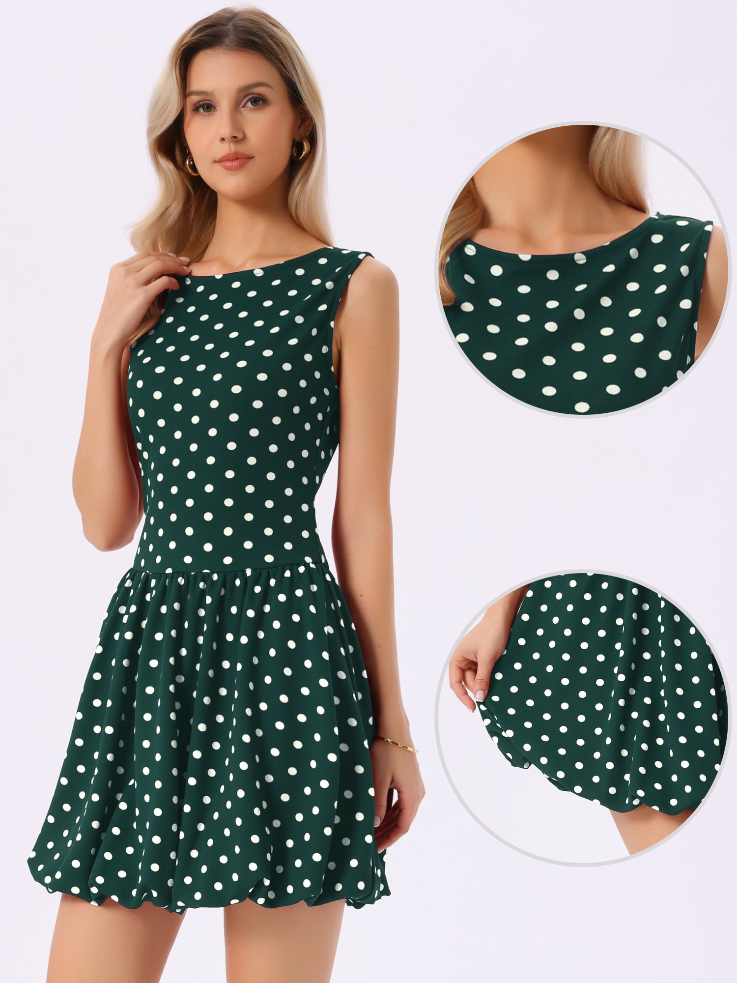 DARING DIVA Women's Boat Neck Sleeveless Polka Dots Cocktail Dress L Dark Green
