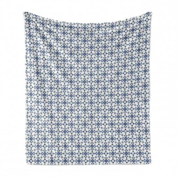 Antique Oriental Soft Flannel Fleece Throw Blanket, Folkloric Pattern of Flower and Leaf Motifs Damask Effects, Cozy Plush for Indoor and Outdoor Use, 50" x 60", Dark Blue and Off White, by Ambesonne