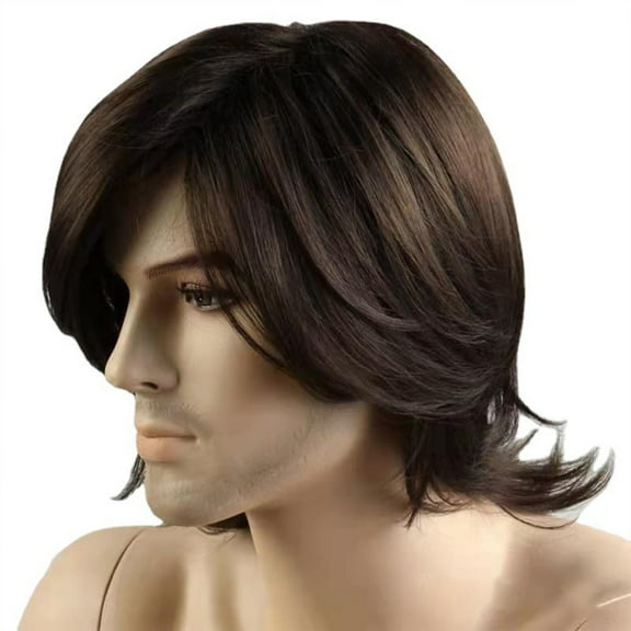 Awwp Pelucas De Mujer Pelo Humano Men'S Brown Short Wig Medium Style Wavy Bouncy Side Swept Fringe Hairstyle Wig Heat Synthetic Hair Wigs with Wig Cap Dark Brown Short Hair Wigs for Women Brown