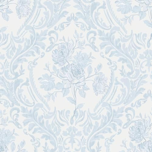 Peel and Stick Wallpaper Vintage Floral Contact Paper Boho Watercolor Blue Damask Wallpaper Textured Removable Self Adhesive Vinyl Wall Paper for Bedroom, 17.3 in X 6.5 ft