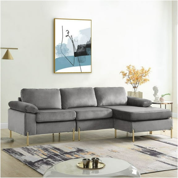 JERFIT Modern Velvet Sectional Sofa Couch, L-Shaped Corner Chaise Lounge for Living Room, Gray