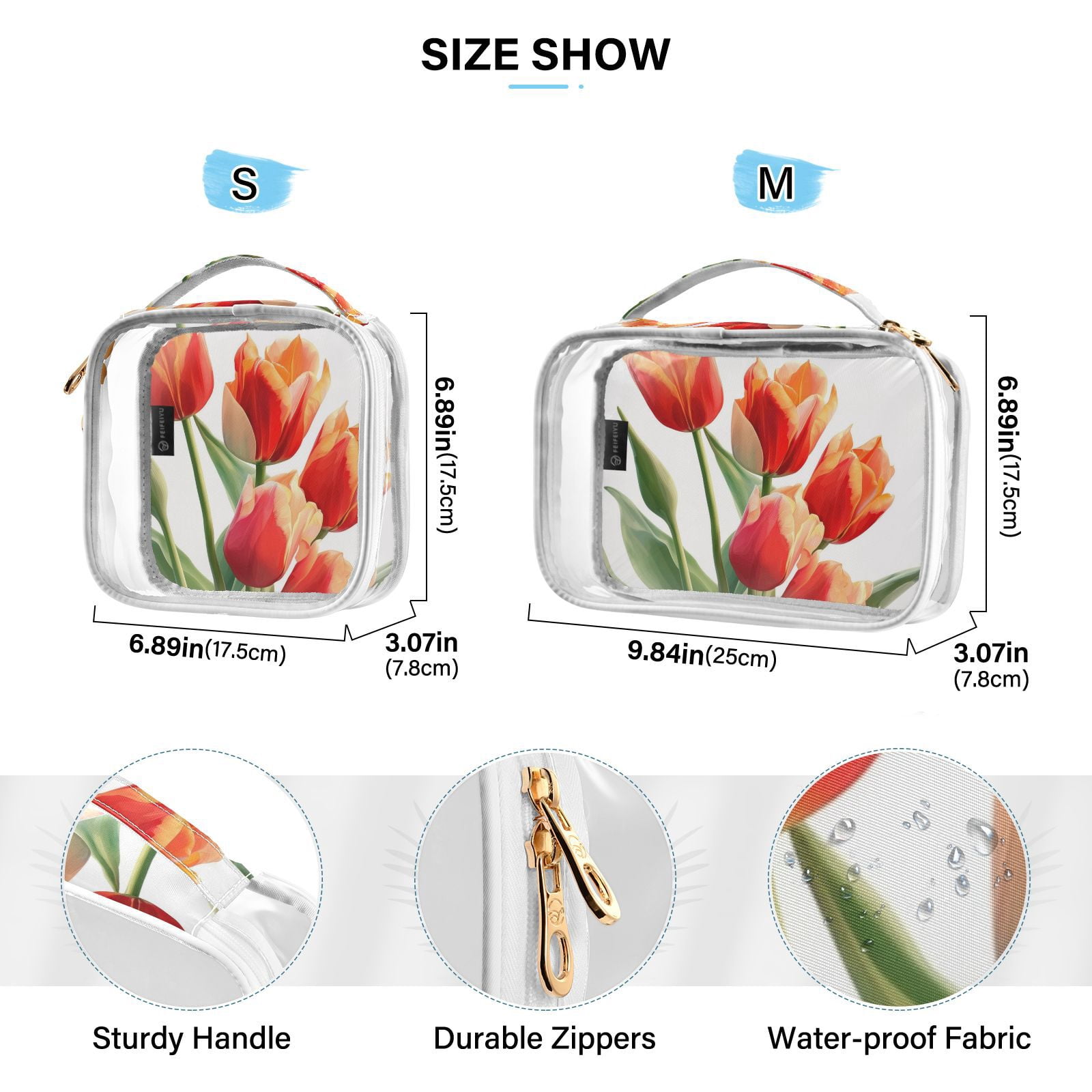 Clear Makeup Bags with Handle Large Opening 2 Pack Set Toiletry Bag Quart Size Bag, for Women Man Traveling Travel Essentials, Toiletries and Other. Tulipa Flower