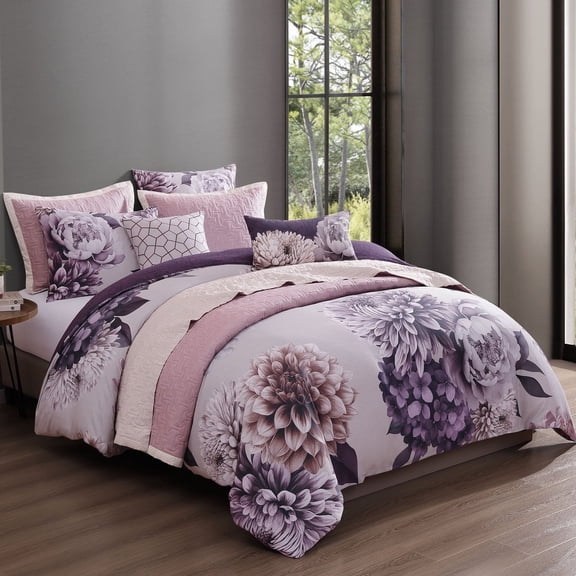 Bebejan Plum Petal 8 Piece Reversible Comforter & Coverlet Set - Queen