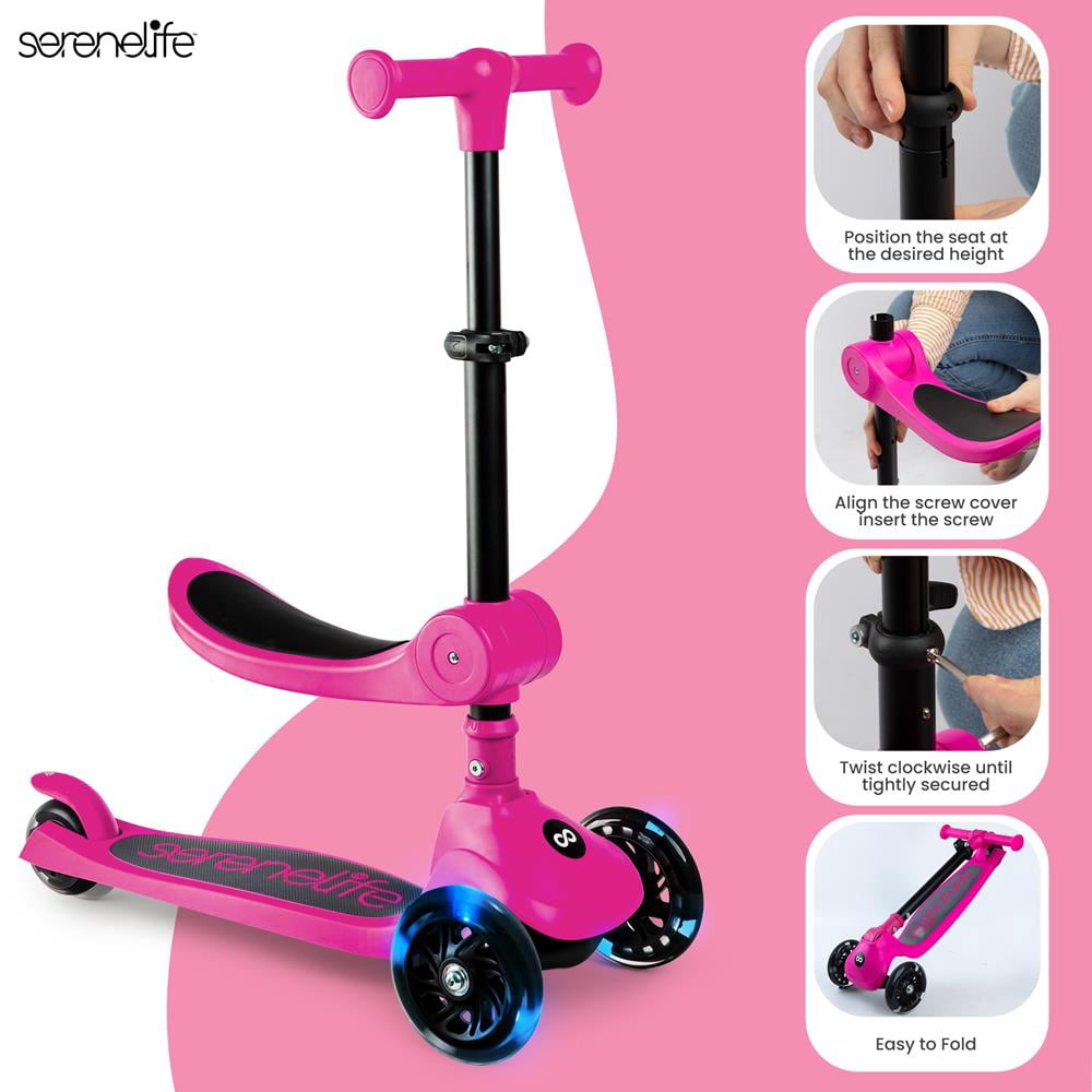 3-Wheel Foldable Kids Scooter - Child Toy Scooter with Built-in LED Wheel Lights, Foldable Seat, and Easy Maneuvering Lean-to-Steer Technology (Pink)