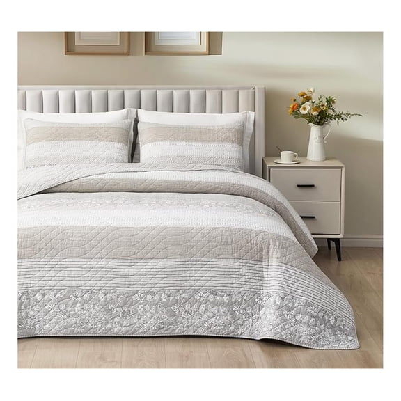 Robyn 3-Piece Neutral Taupe Gray White Floral Hibiscus Flower Patchwork Striped Quilt Set - Pre-Washed Cotton Coverlet - Lightweight Reversible Bedspread, King Size