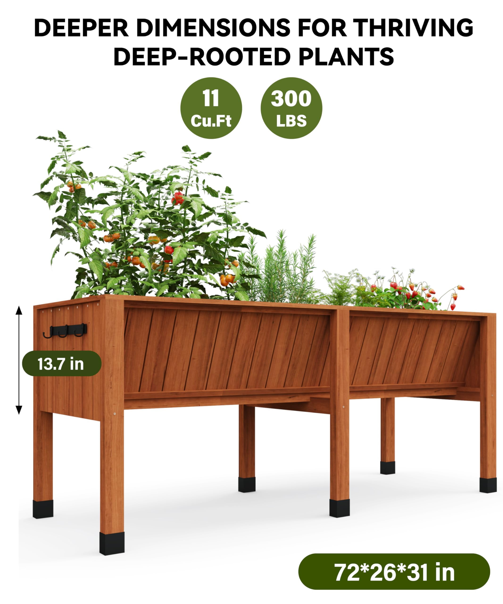 Garvee 72"x26"x31" Elevated Wooden Raised Garden Bed with Storage Hooks for Vegetables,Flowers,Brown