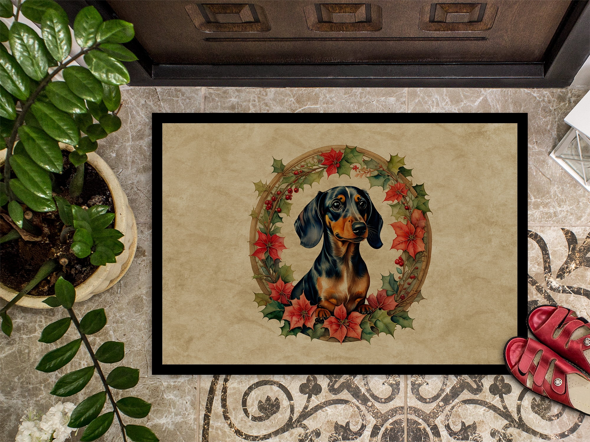 Carolines Treasures DAC2352MAT 18 x 27 in. Unisex Dachshund Christmas Flowers Doormat