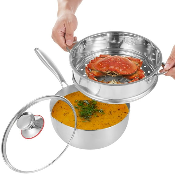 Stainless Steel Saucepan with Steamer, 8.7" Round Milk Pot with Glass Lid, Pour Spout, and Handle, Multipurpose Cooking Pan with Strainer Cover for Boiling, Steaming, Heating