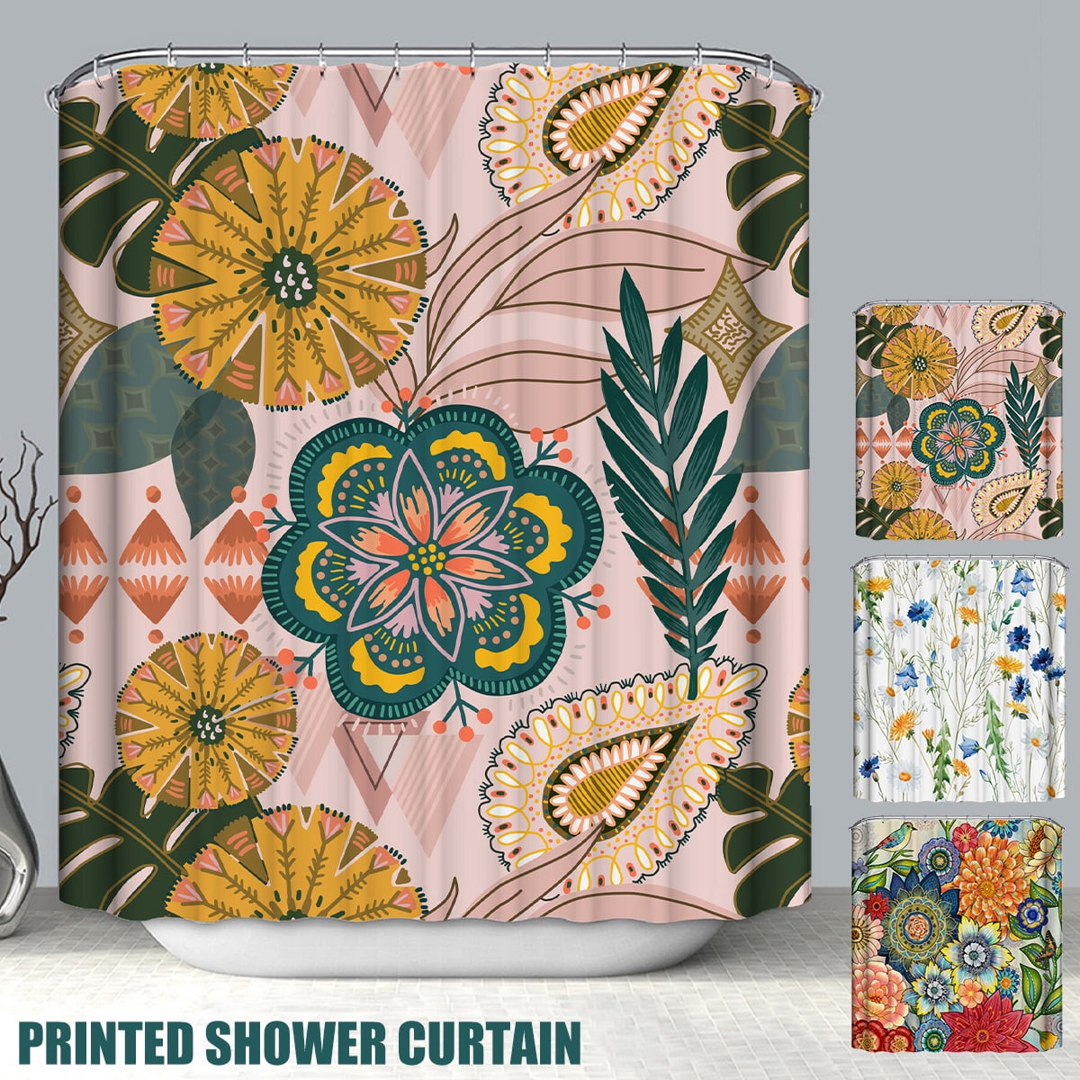 180x180cm Retro Mandala Bathroom Waterproof Fabric Shower Curtain & 12 Hooks 