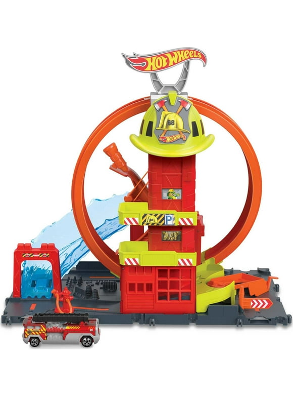 Hot Wheels City Super Loop Fire Station Playset & 1 Toy Firetruck in 1:64 Scale