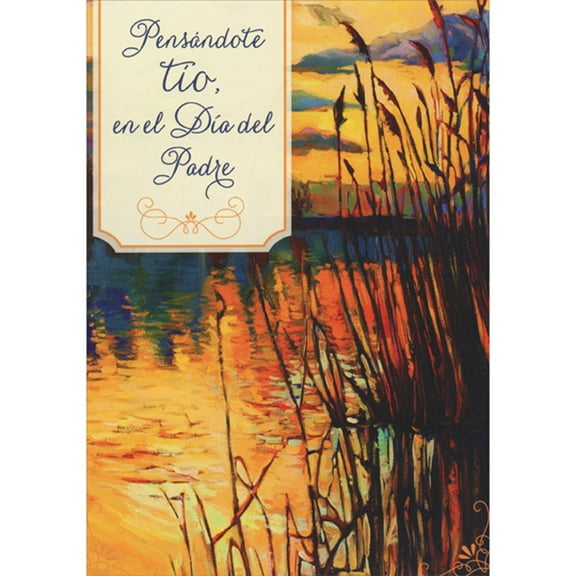 Designer Greetings Dark Reeds Along Orange, Red and Blue Water Under Yellow Sky Spanish Father's Day Card for Uncle