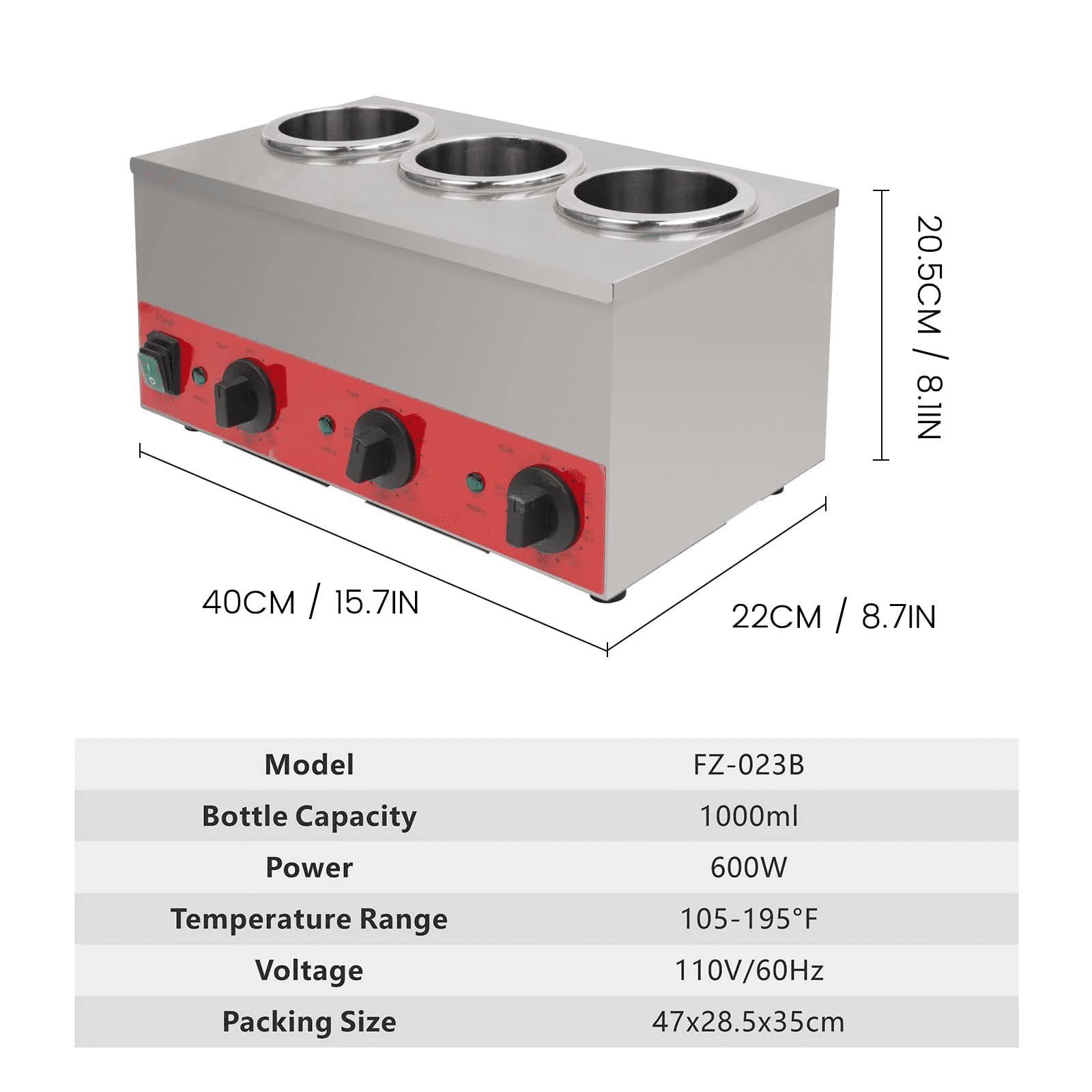 Hakka Triple Bottle Sauce and Cheese Warmer, 3 Well Stainless Steel, 600W, Adjustable Temperature 105-195F, 110V