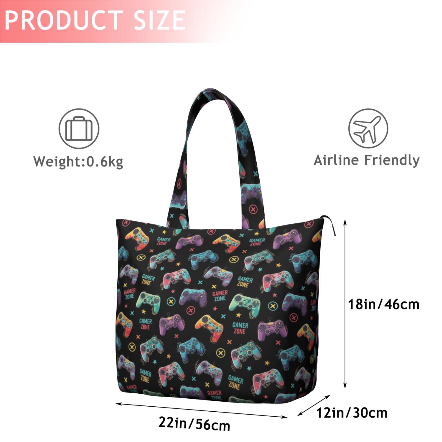 Colorful Controllers Games Icons Black Pattern Travel Tote Bags for Women Carry On,Large Weekender Bags for Women Travel,Multi Functional Duffle Bag for Work,Shopping,Sports