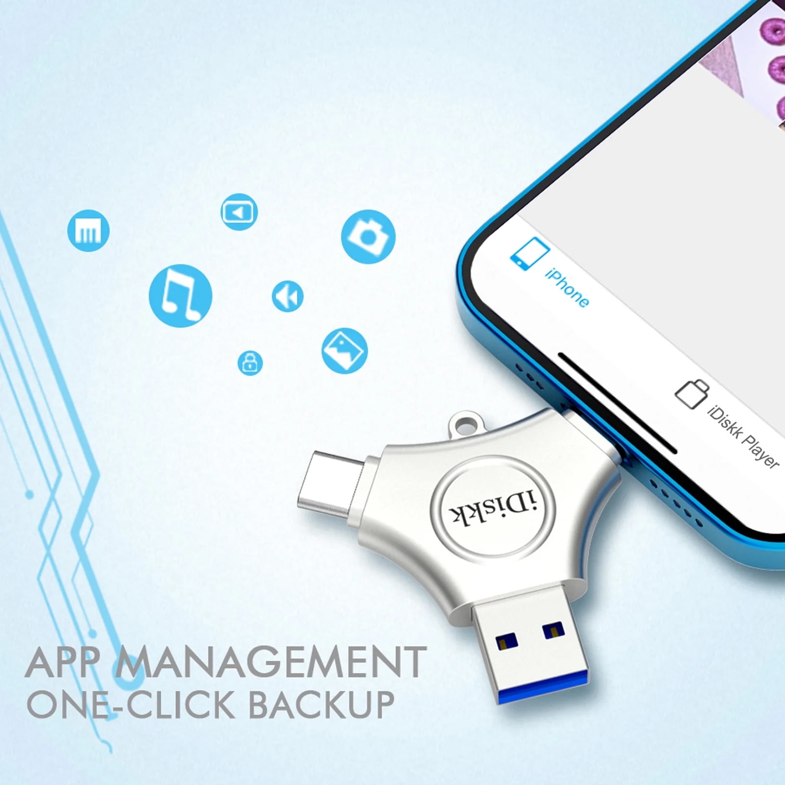 iDiskk MFi Certified 128GB USB 3.0 Flash Drive for iPhone, 3in1 External Memory Photo Stick for iPhone, OTG Android Phone, PC