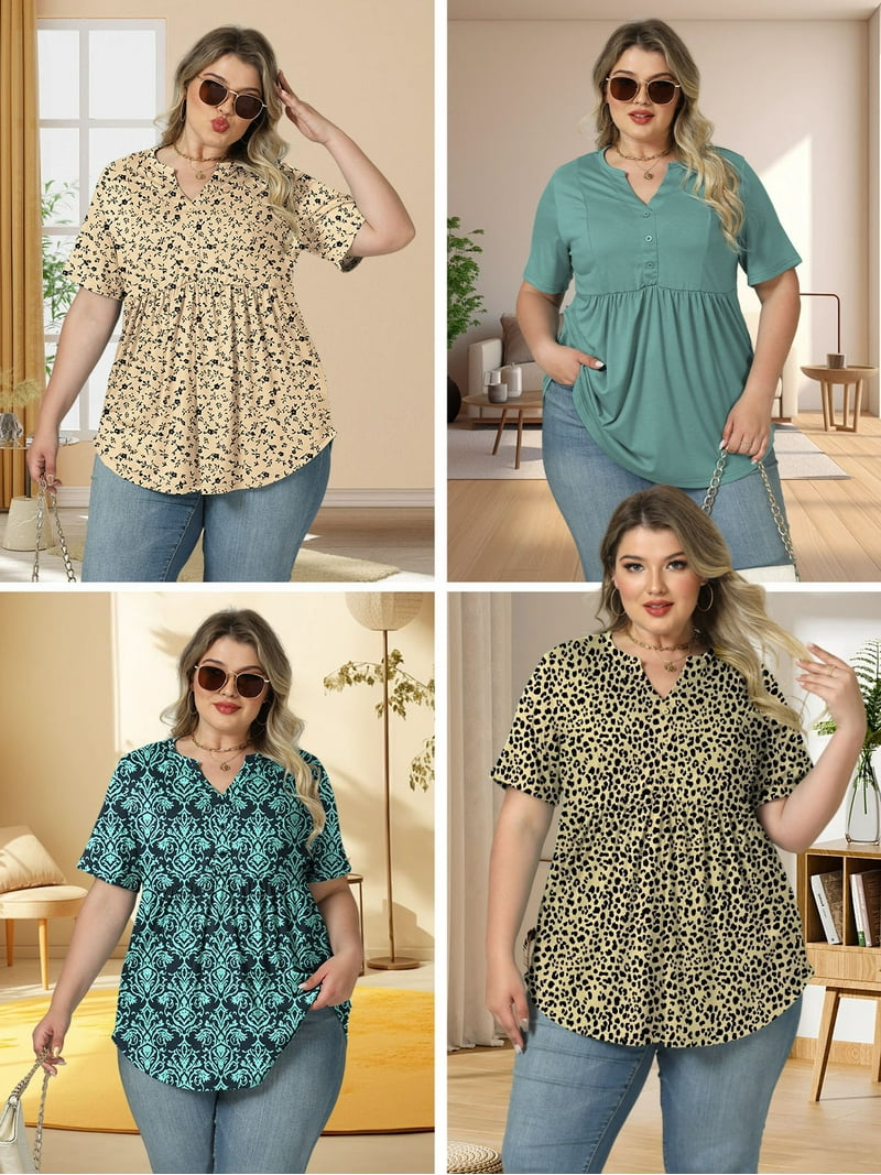 Plus Size Peplum Tops for Women Cute Henley Shirts Summer V Neck