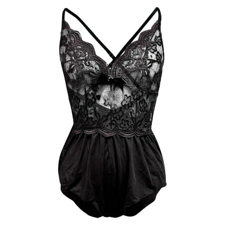 

QWERTYU Women s Floral Lace Criss Cross Back Lingerie Crotchless Teddy Bodysuit Black 2XL