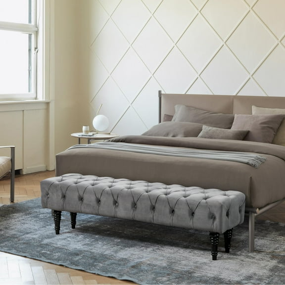AVAWING Rectangular Corduroy Upholstered Tufted Bedroom Bench, Gray
