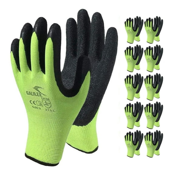 Safety Work Gloves with Latex Rubber Coating, Non-Slip Grip, Breathable and Washable, Pack of 10 Pairs (Green, Extra Large)