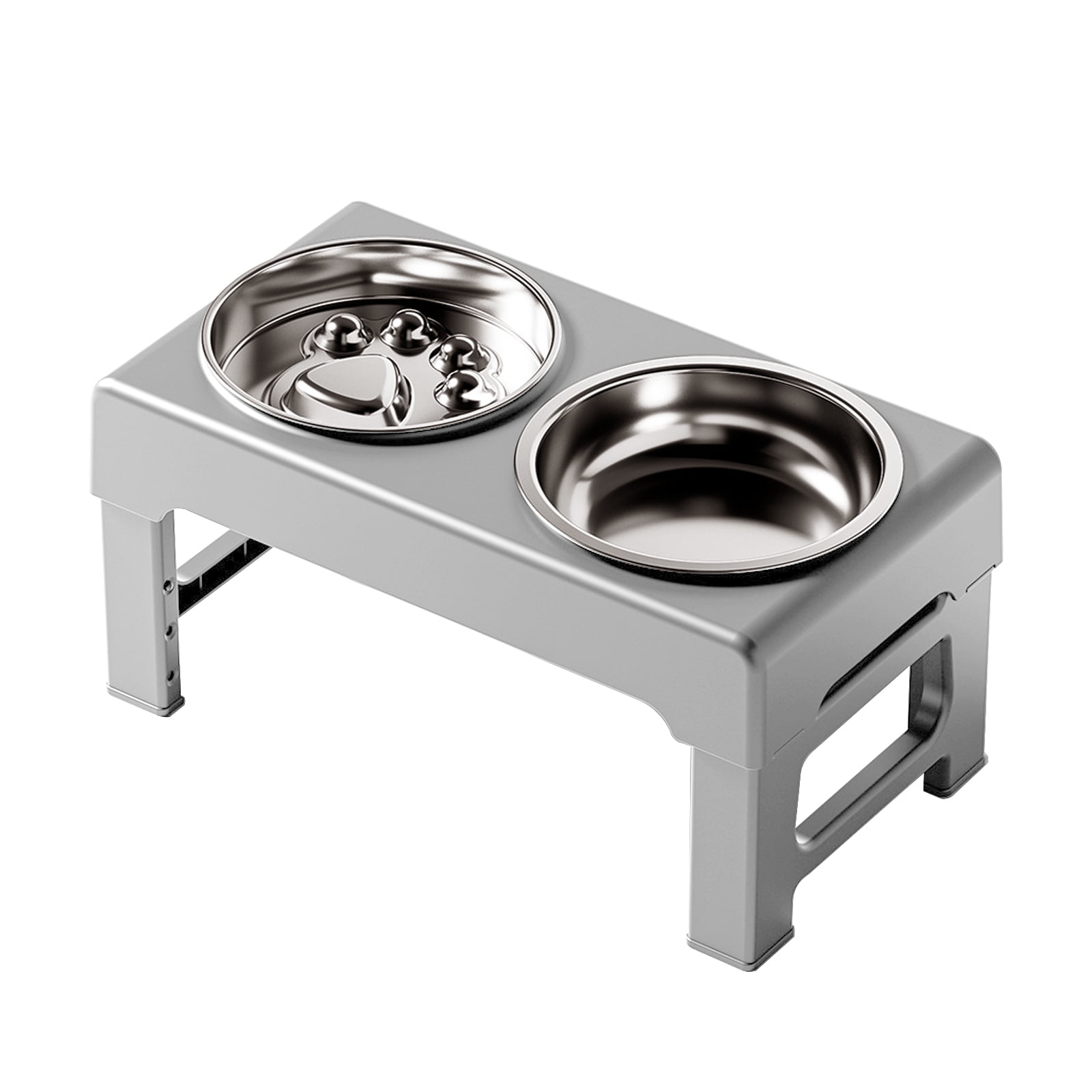 Elevated Dog Bowls Stand with Slow Feeder and 2 Stainless Steel Dishes, Height Adjustable Non-Slip Base Raised Pet Feeder for Most Sizes, Gray