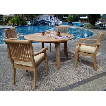 Teak Dining Set:4 Seater 5 Pc - 52" Round Table And 4 Stacking Leveb Arm Chairs Outdoor Patio ...