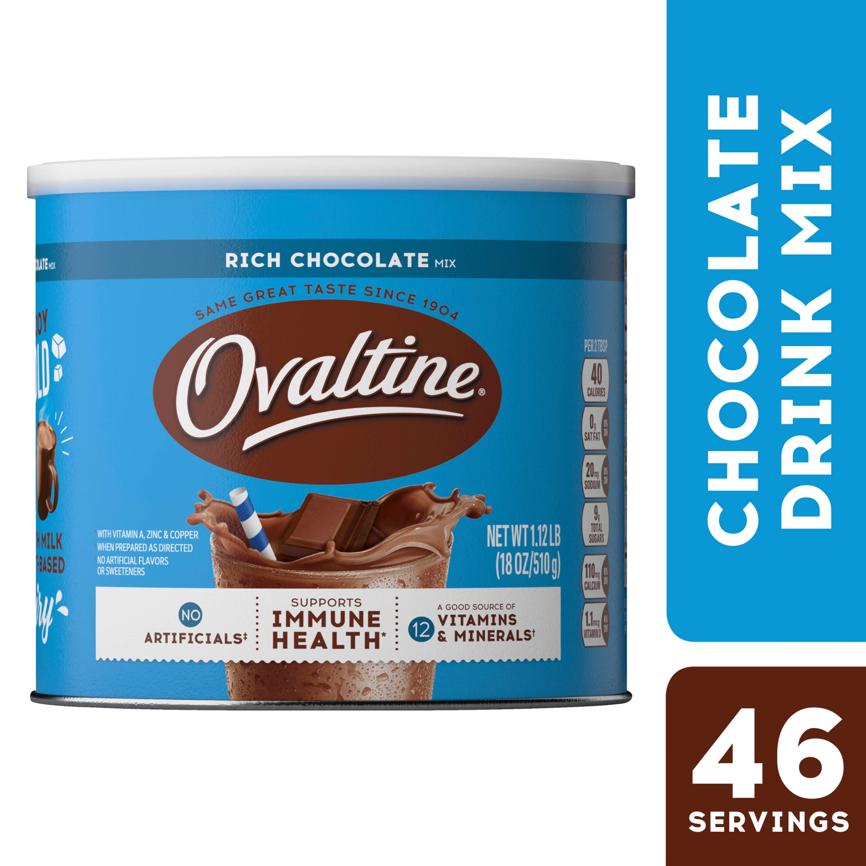 Ovaltine Rich Chocolate Drink Mix Powdered Drink Mix for Hot and Cold Milk, 18 oz