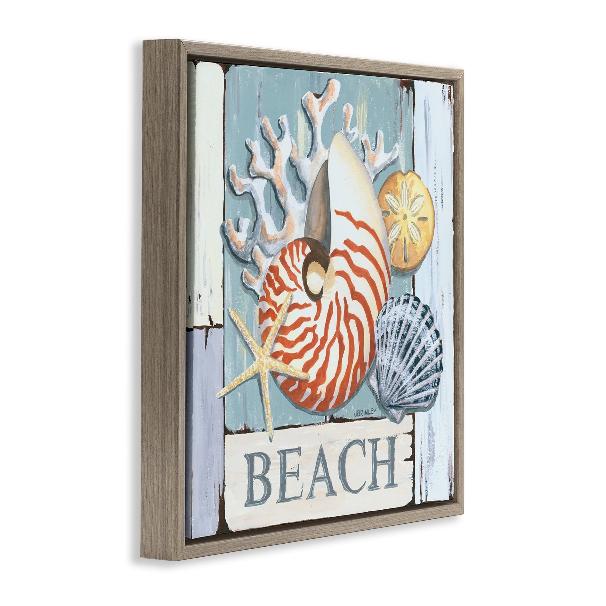 Stupell Industries Distressed Beach Shells Nautical & Beach Painting Brown Floater Framed Canvas Art Print Wall Art, 18 x 18