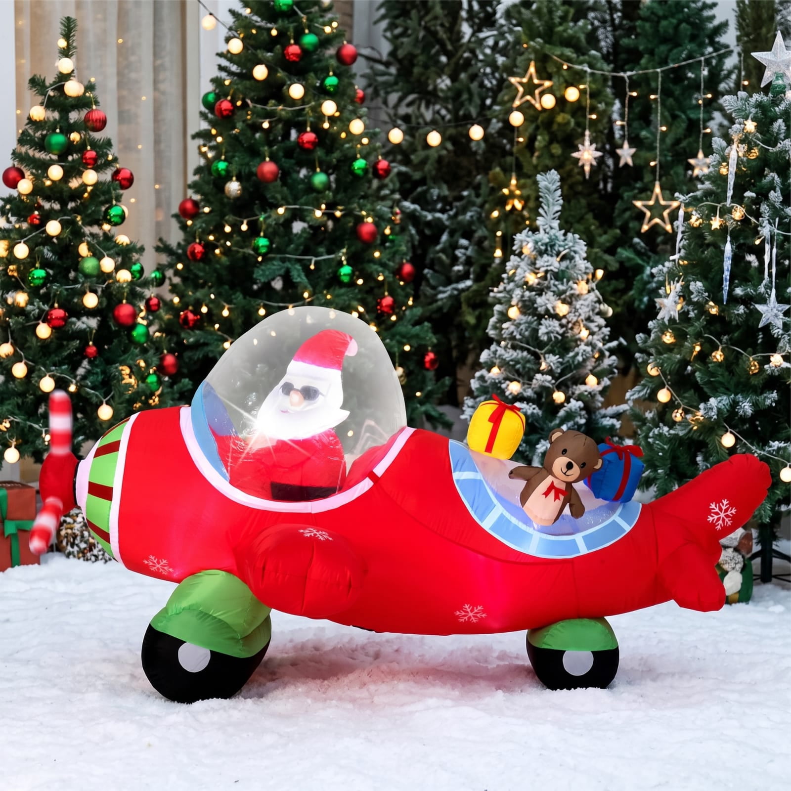 RUIE 7.2 FT Christmas Inflatables, Blow Up Santa Airplane with Bear and Gift Boxes, LED Lighted Outdoor Yard Decorations for Lawn - Multicolor