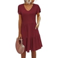 thumbnail image 2 of Vestido casual de mujer con bolsillos y cuello en V con volantes y manga casquillo, mini vestido de una línea, 2 of 5