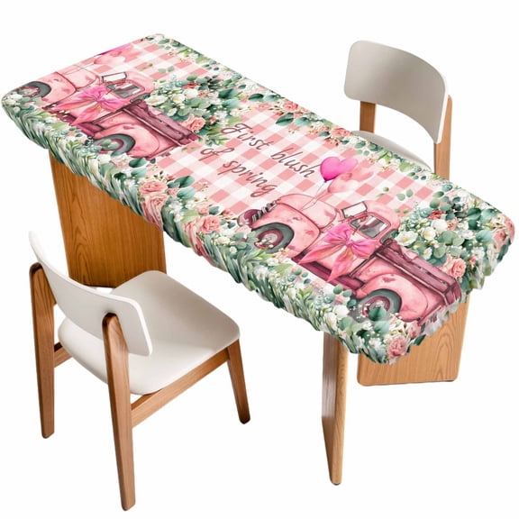 Eucalyptus Trucks Table Cloths for 8 Foot Rectangle Tables, Spring Farmhouse Floral Leaves Pink Plaid Patio Waterproof Elastic Fitted Tablecloths, Washable Rectangular Table Cover for Camping