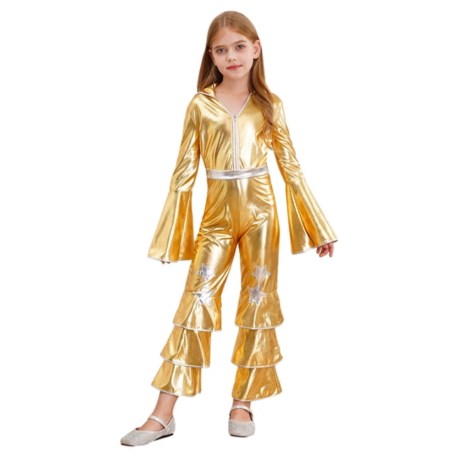 Manyakai Kids Girls Long Flare Sleeve Retro Disco Jumpsuits Movie Star Singer Fancy Dress Up Rave Party Bodysuits Gold 14