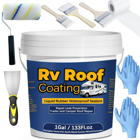 Qiveaory 1Gal/133Fl.oz Liquid Rubber Rv Roof Coating White Waterproof Sealant Camper Roof Repair Solar Reflective Sealant with Wooden Brush Putty Knife Work Gl