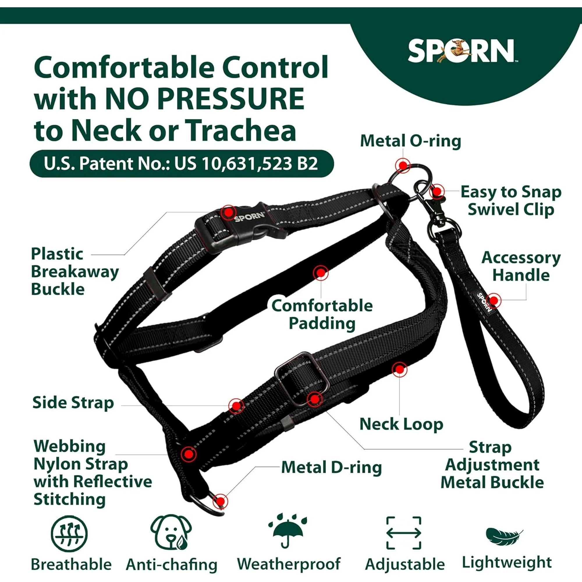 Sporn Nylon Non-Pulling Dog Harness, Red, M/L (22" to 30" Chest Size)
