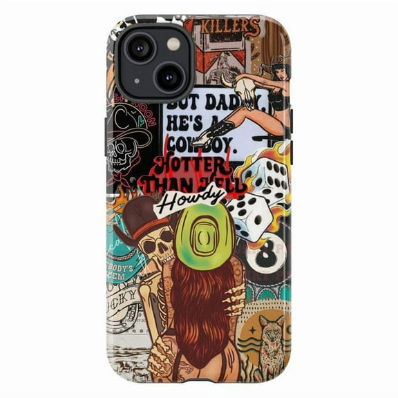 Western Cowboy Collage iPhone Case, Retro Rodeo Aesthetic with Skulls, Dice & "Hotter Than Hell" Quote – Edgy Country Girl Protective Phone Cover for iPhone 16 15 14 13 12 11 Pro Max Plus Mini