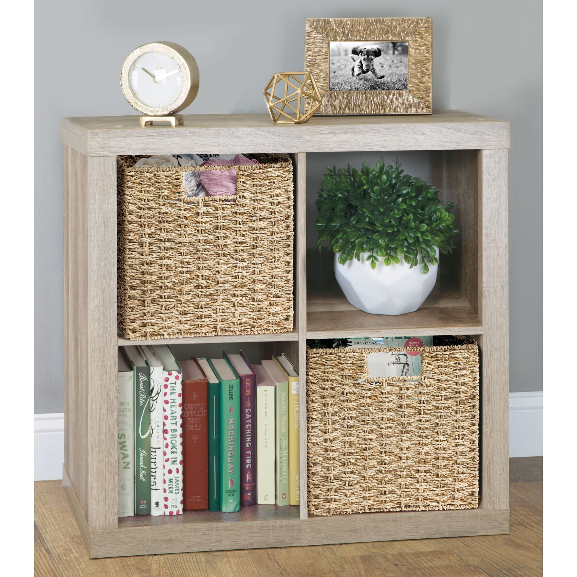 mDesign Seagrass Woven Cube Bin Basket Organizer, Handles, 6 Pack - Natural/Tan
