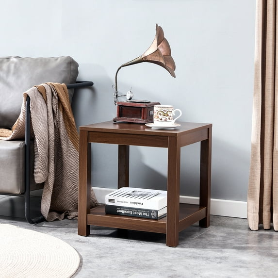 Yardi Yard Wood Square 18" End Side Table with 2 Open Storage Shelf for Small Spaces Brown