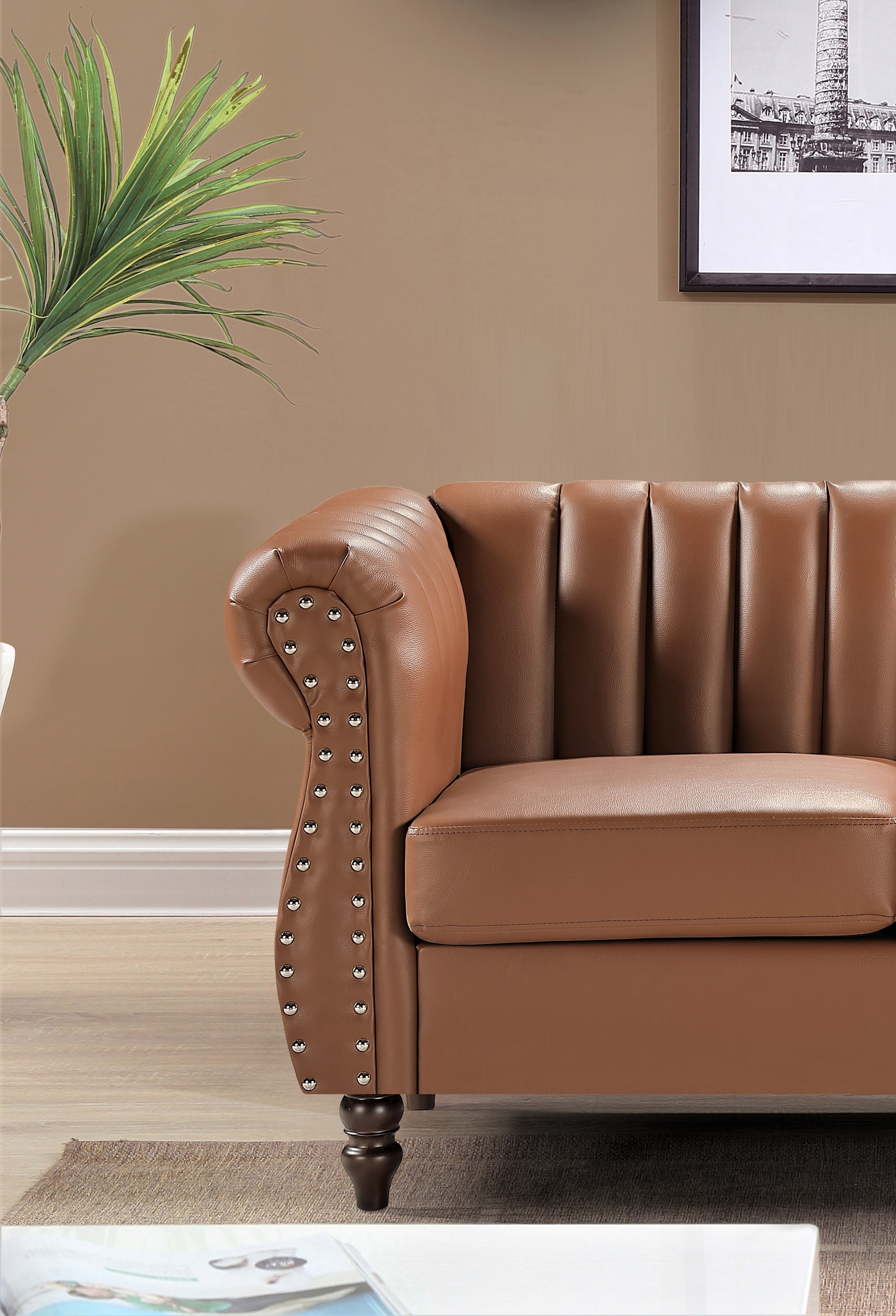 Uspridefurniture Faux Leather Rolled Arms Loveseat, Brown