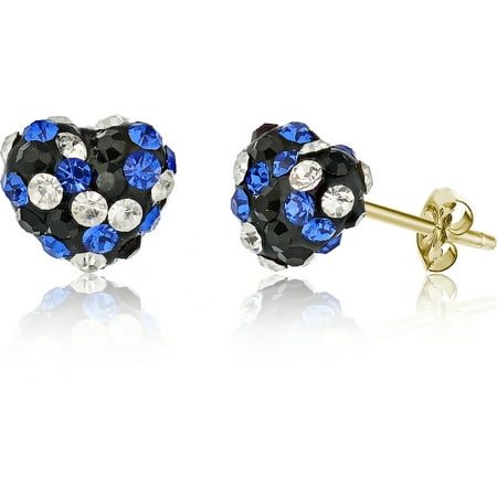 Pori Jewelers 14K Solid Gold Pave Multicolor Clear, Jet, Sapphire Crystal Puff Heart Earrings Made Wswarovski Elements