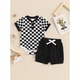 thumbnail image 2 of Niusricy Kids Baby Boys Summer Outfits 0-18M Toddler Short Sleeve Jumpsuits Crew Neck Button Bodysuits Checkerboard Buttons Romper and Solid Shorts Insual 2Pcs Clothes Set for Vacation Daily, 2 of 7