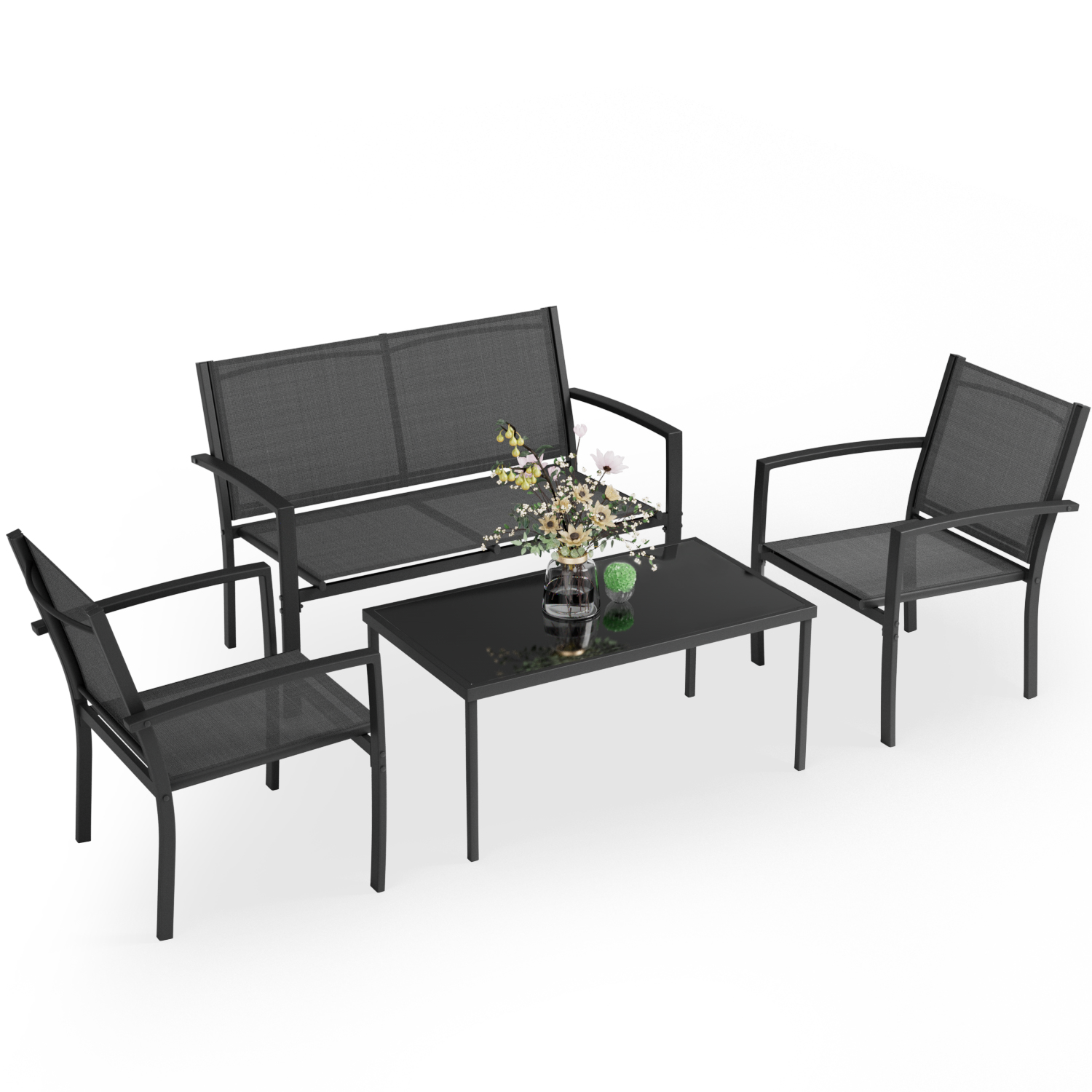 LACOO 4 Pieces Outdoor Furniture Set Patio Textilene Steel Conversation Set with Loveseat Tea Table for Lawn and Balcony, Black - image 3 of 8