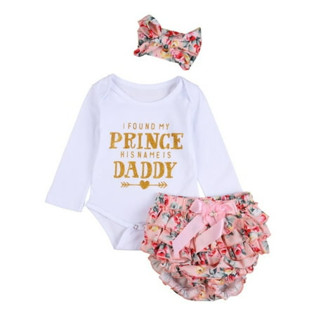 

Esho Baby Girls Summer Clothes Toddler Letter Print Romper Bodysuit+Floral Layered Bloomer Shorts+Headband 0-24M
