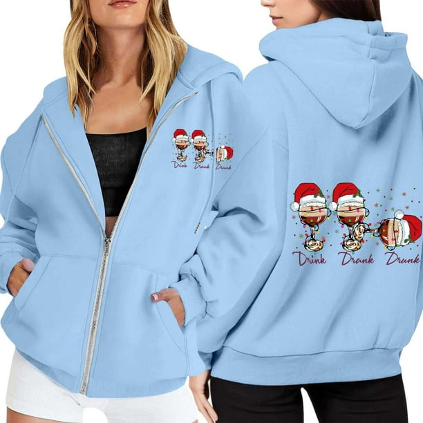WILLBEST Sudadera Deportiva para Mujer, con Estampado Navideño, Cremallera, Manga Larga, Bolsillo, Cordón Ajustable y Capucha Informal (Modelo 1907) XX-Grande