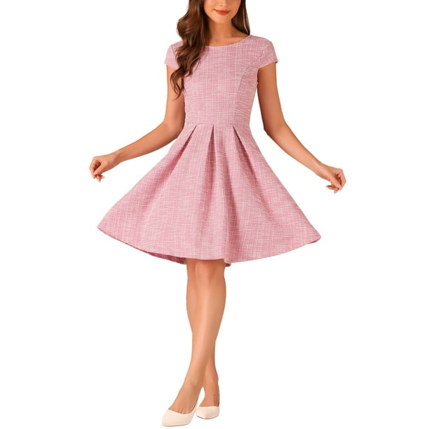Vestido de Tweed a Cuadros INSPIRE CHIC para Mujer con Cuello Redondo, Manga Corta, Corte A, Vestido Vintage Plisado XL Blanco Rosa