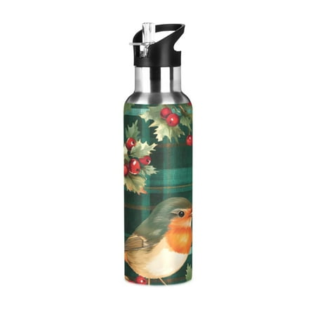 

ALAZA Birds Berries Checkered Water Bottle Insulated Flask Stainless Steel Straw Lid 20 oz