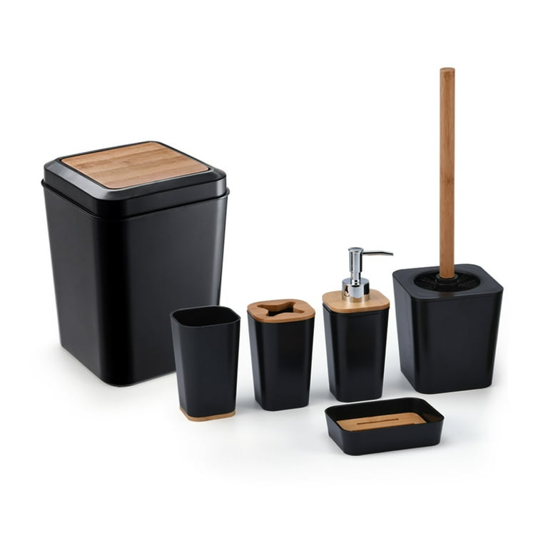 KRALIX Bathroom Set 6 Pieces Black Plastic/Bamboo Bathroom