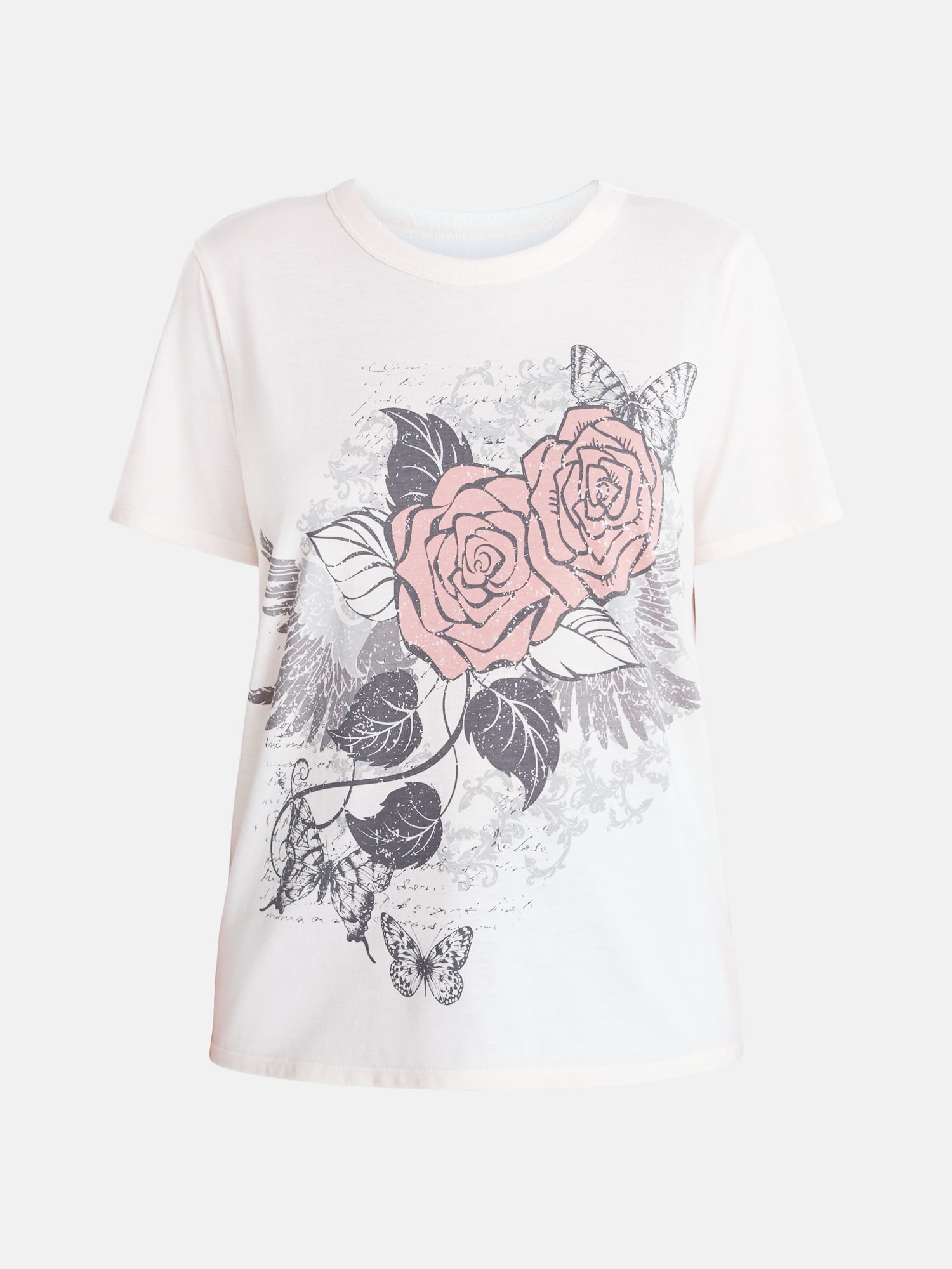 Junior's Graphic Everyday Short Sleeve Tee, Rose and Butterfly Sizes XXS-XXL