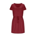thumbnail image 4 of FRSASU Robes T-Shirt pour Femmes Tendance à Taille Nouée Robe Rayée avec Poches Décontractée Col Ras du Cou Manches Courtes Robe Midi Rouge, 4 of 6