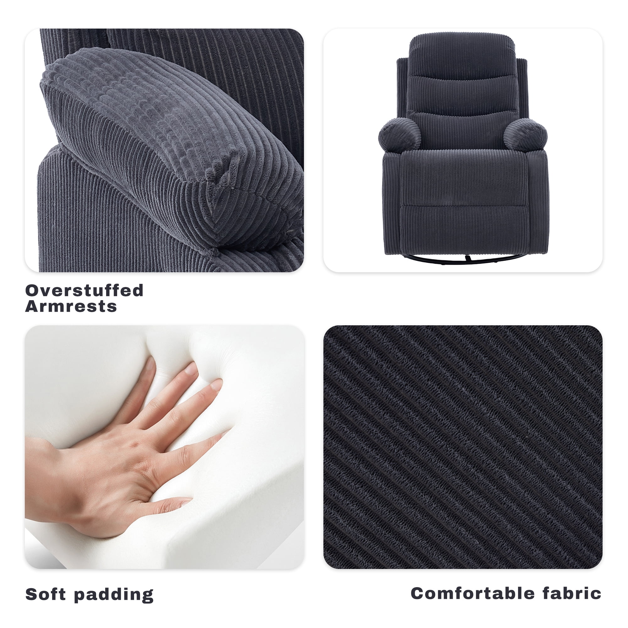 GAOHAPY Rocking Recliner Chair,Modern Swivel Glider Recliner Chair,Corduroy Fabric Upholstery Recliner,Manual Reclining Sofa Chair for Living Room,Office,Apartment,Dark Grey