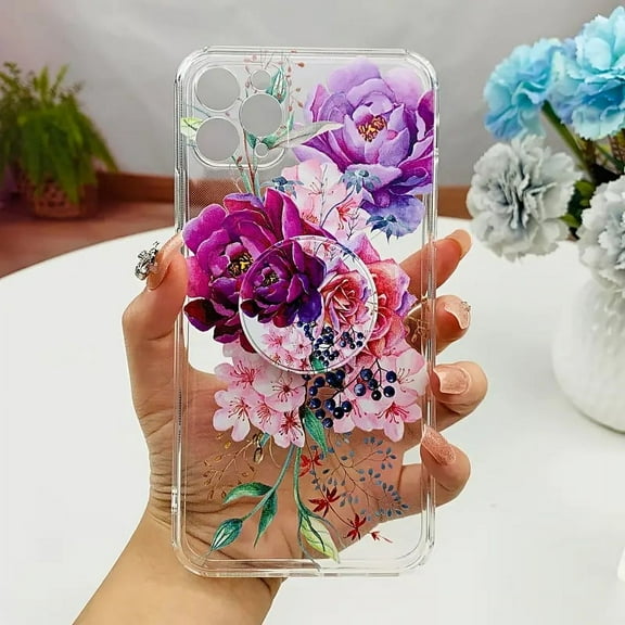 Vibrant Flower Pattern Print Clear Phone Protective Case (with Folding Stand) For iPhone 14 Pro